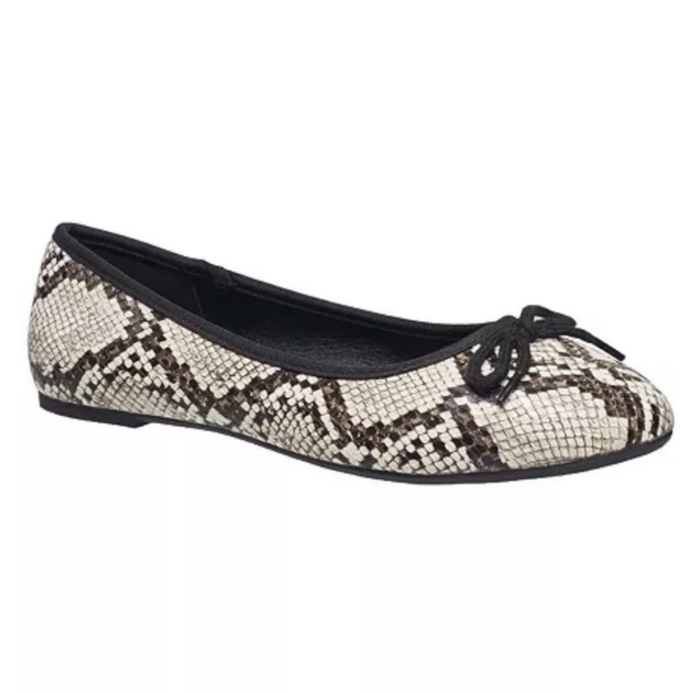 French Connection Diana Black Beige Snakeskin Round Toe Bow Ballet Flats, Sz 8